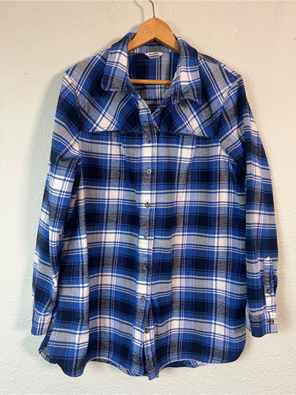 Duluth Trading Co Flannel Shirt Womens XL Blue Plaid Long Sleeve Button Down Go